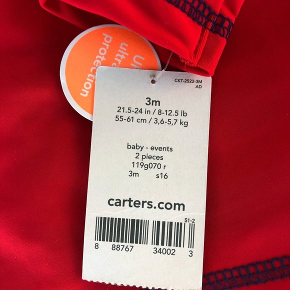 Carter's Baby Boy 2 Piece Swim Set, Red White Blue Trunks/Rash Guard Long Sleeve - Picture 10 of 11